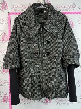 Oxmo jacket coat Textured Black & White Tweed Peacoat with Zip and Button Front